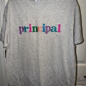 Gray T-Shirt with Colorful 'Principal' Embroidery